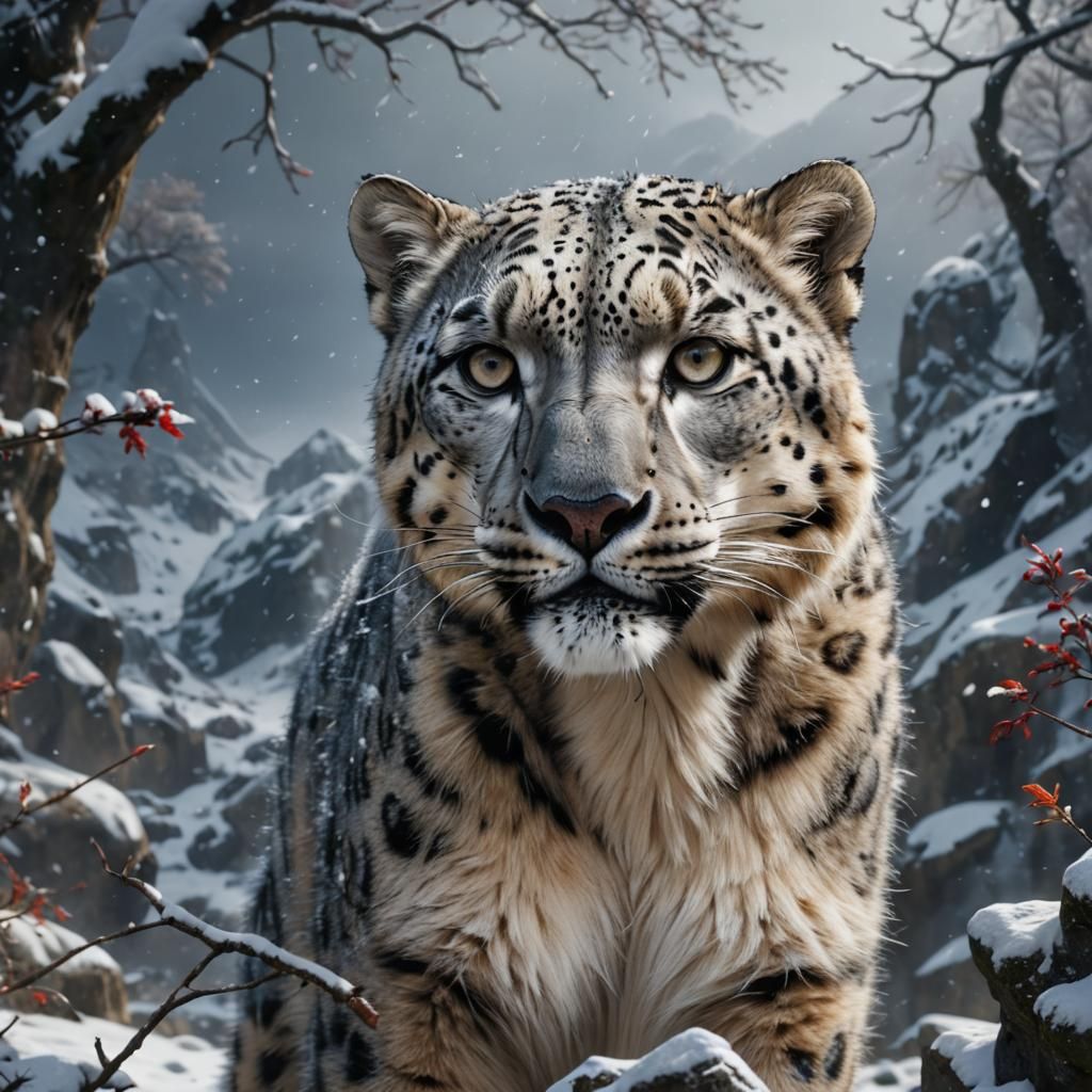 Detailed Portrait of a Snow Leopard in Fantasy Art