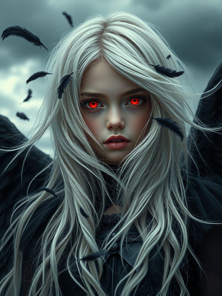 Enchanting Gothic Girl with White Hair and Glowing Red Eyes