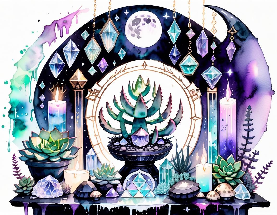 Goddess Altar with Succulents in Watercolor Style
