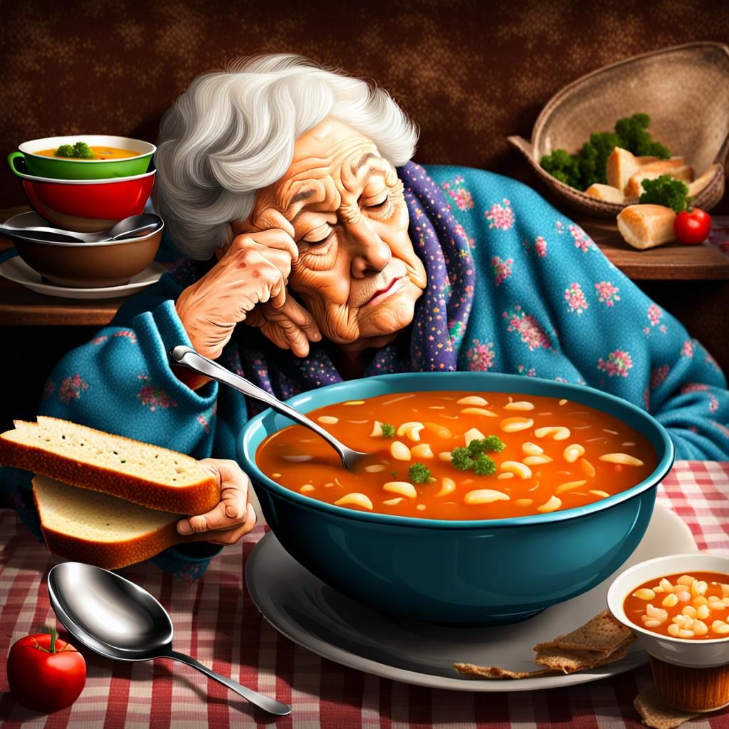 Humorous AI Image: Grandma Sleeping in Soup