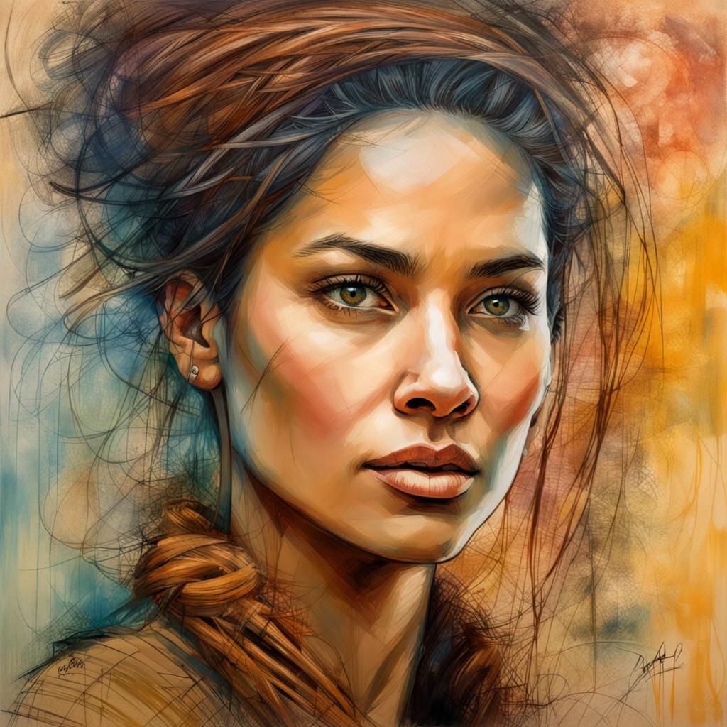 Crosshatched Portrait of Woman: Mixed Media Winter Art