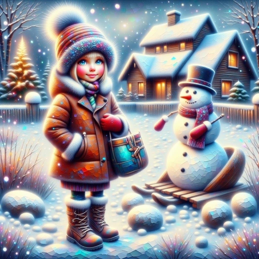 Girl in Winter Wonderland with Sled and Snowman