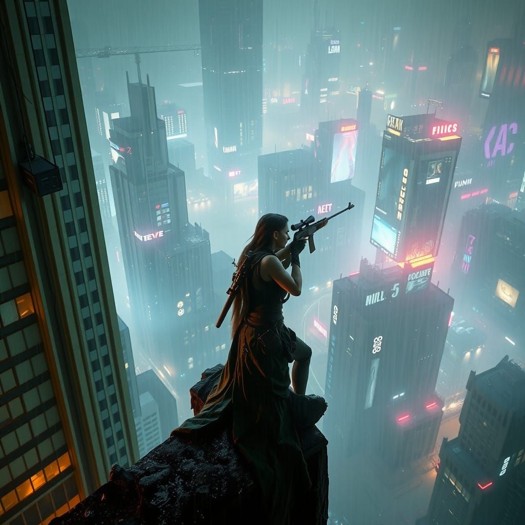 Elf Sniper in Cyberpunk Metropolis