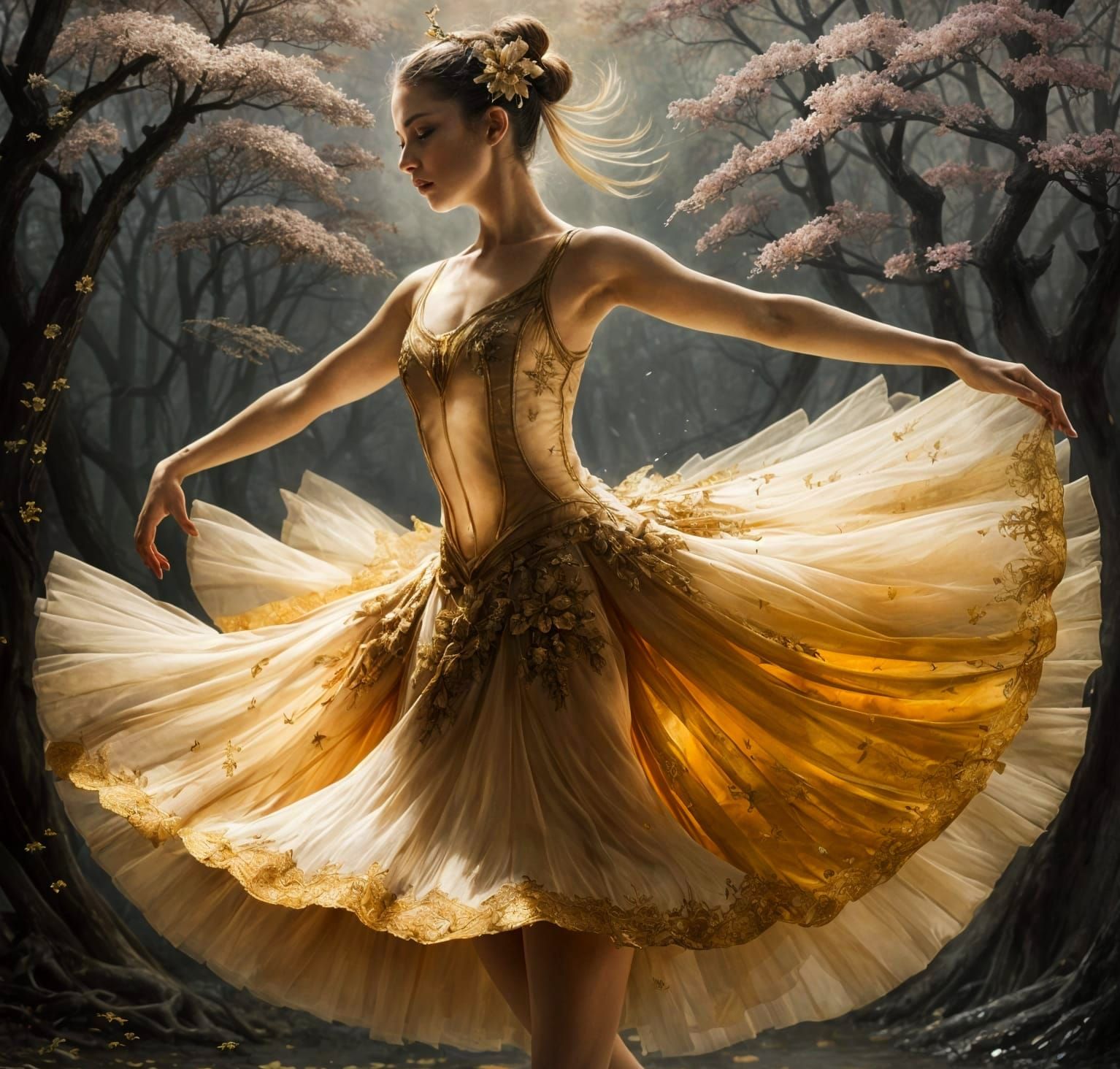 Ballerina in Dramatic Pose with Blossom Backdrop