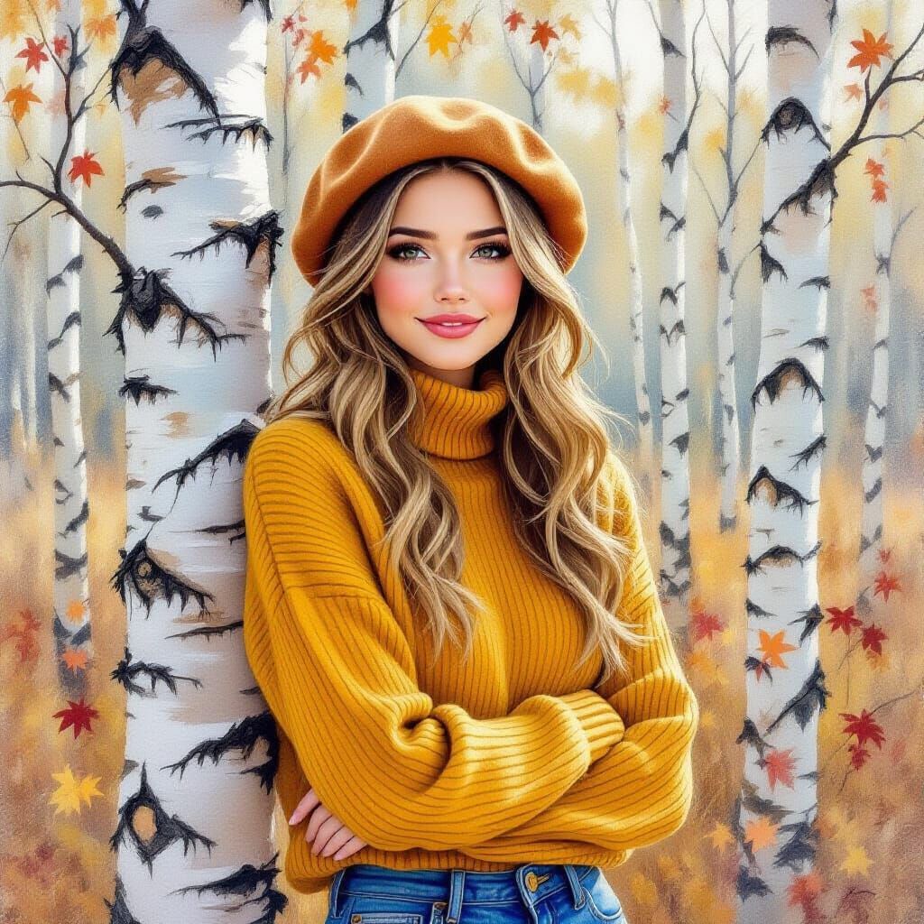 Woman in Autumn Birch Grove, Soft Sfumato Style