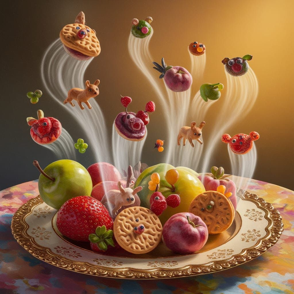 Ethereal Food Art: Floating Fruit Animals in Oil Painting