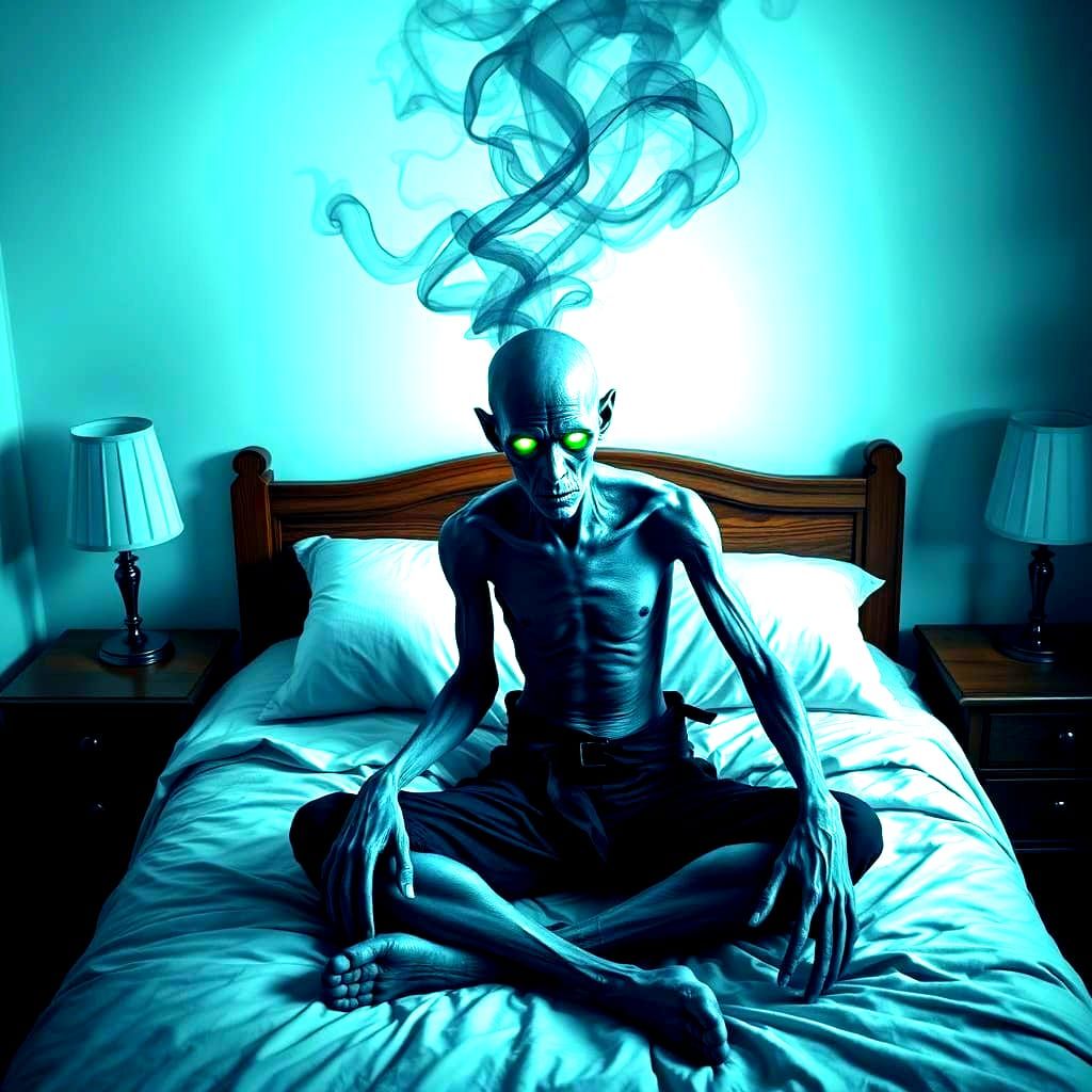Eerie Ghostly Figure on Bed with Glowing Eyes