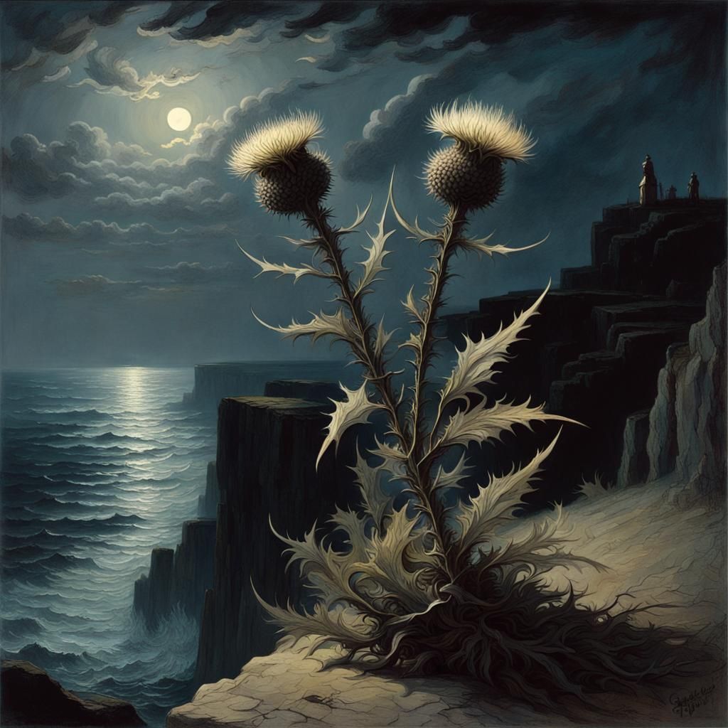 Metal Thistle on Cliffs Under Moonlight