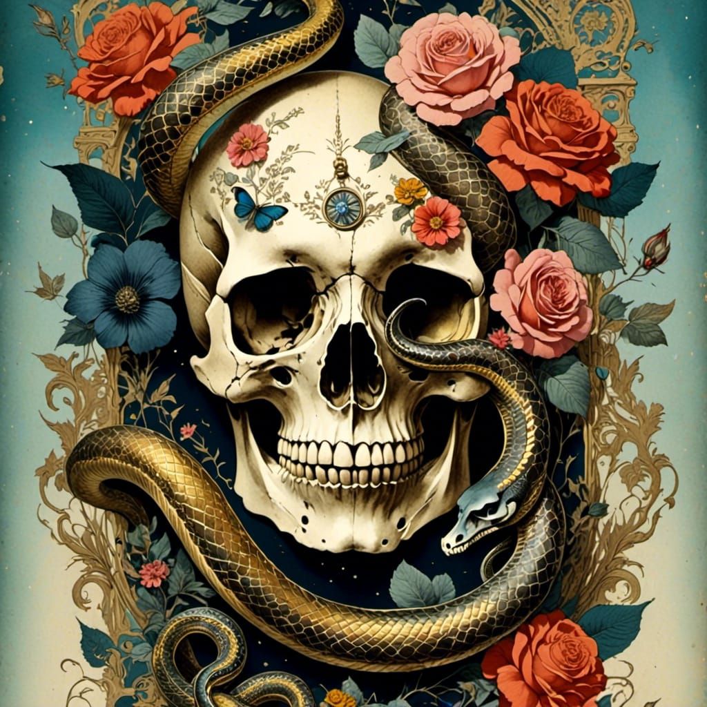 Gothic Watercolor: Snake, Skull, and Raven