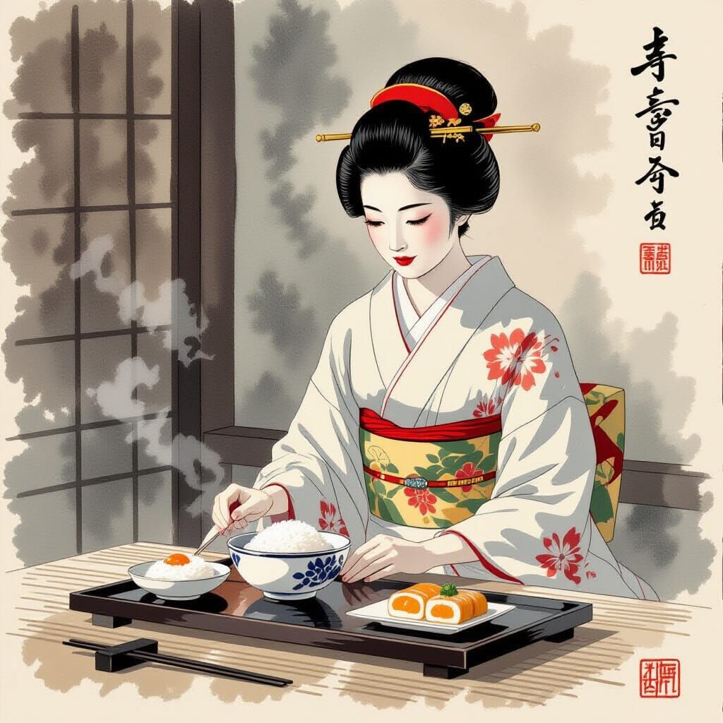 Zen Breakfast: Japanese Woman in Hiroshi Yoshida Style