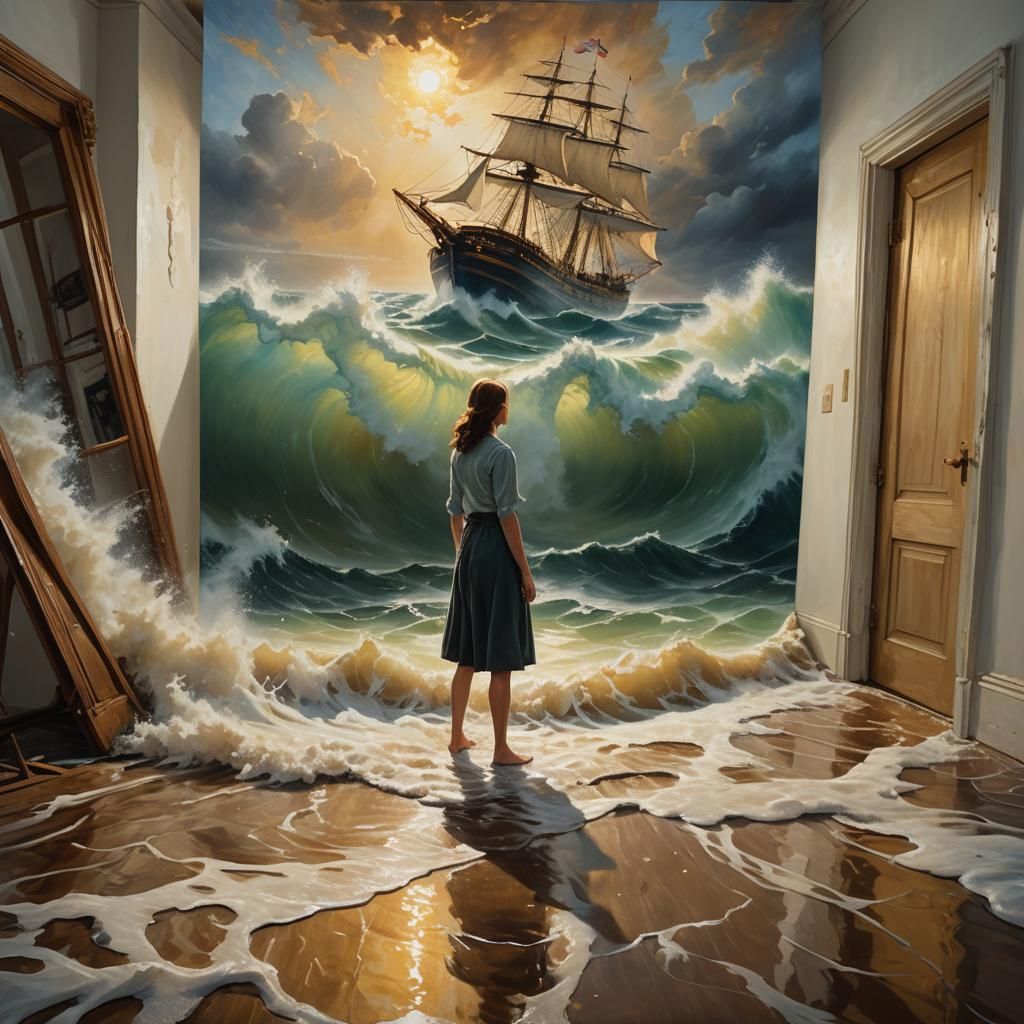 Flooded Room: Woman Paints Stormy Seascape