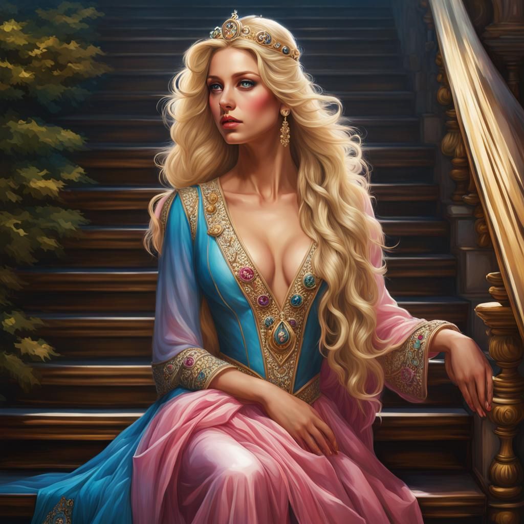 Blonde Princess Walking Downstairs in Modern Art Style