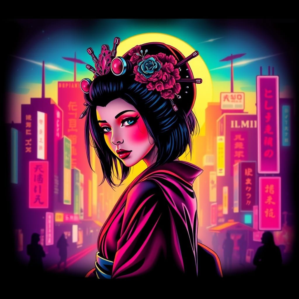 Cyberpunk Geisha in Neon City: 80s Airbrush Design