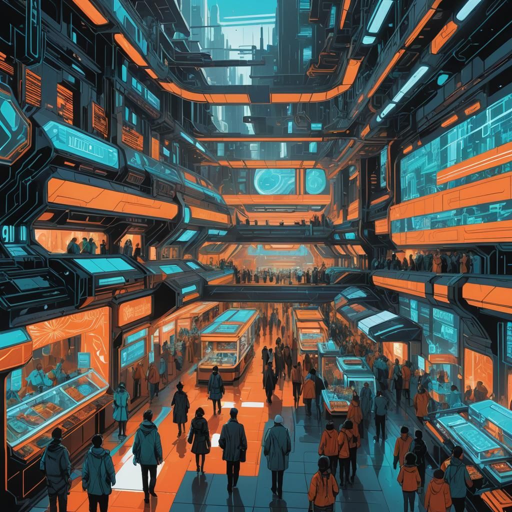 Surreal Futuristic Marketplace Radiates Vibrant Neon Energy