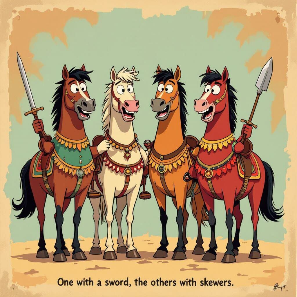 Humorous Horses with Sword and Skewers: Caricature Film Stil...
