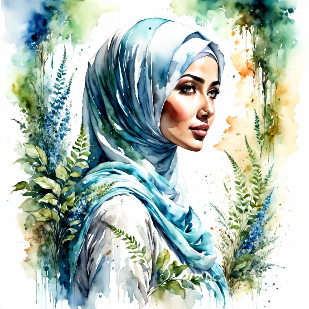 Watercolor Portrait of Woman in Hijab with Flowers