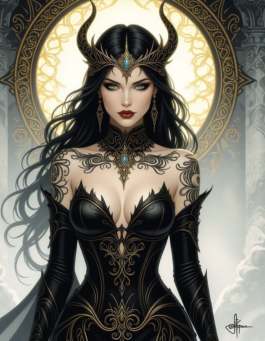 Tattooed Siren Queen in Mystical Underworld, Dark Fantasy Ar...