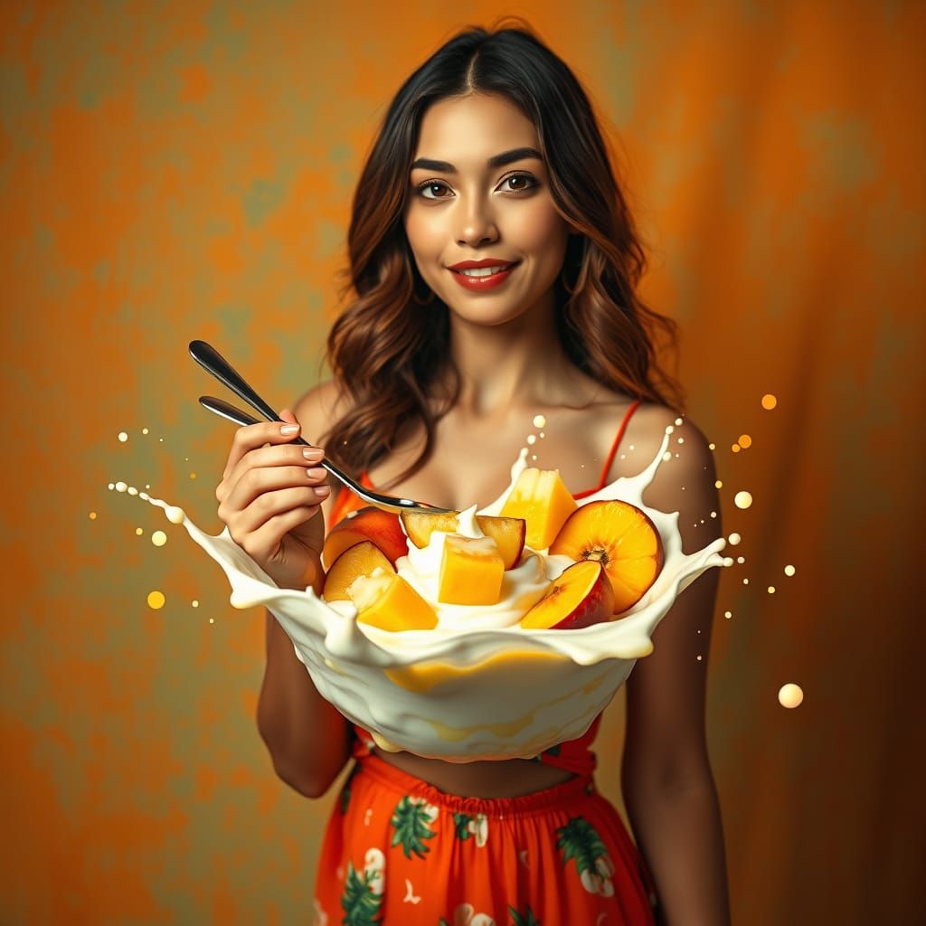 Woman with Yogurt Splash in Tropical Style