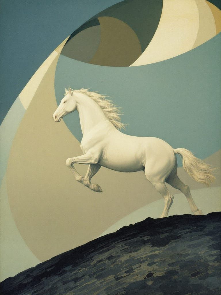 Majestic White Stallion Leaping Amidst Swirling Teal and Gol...