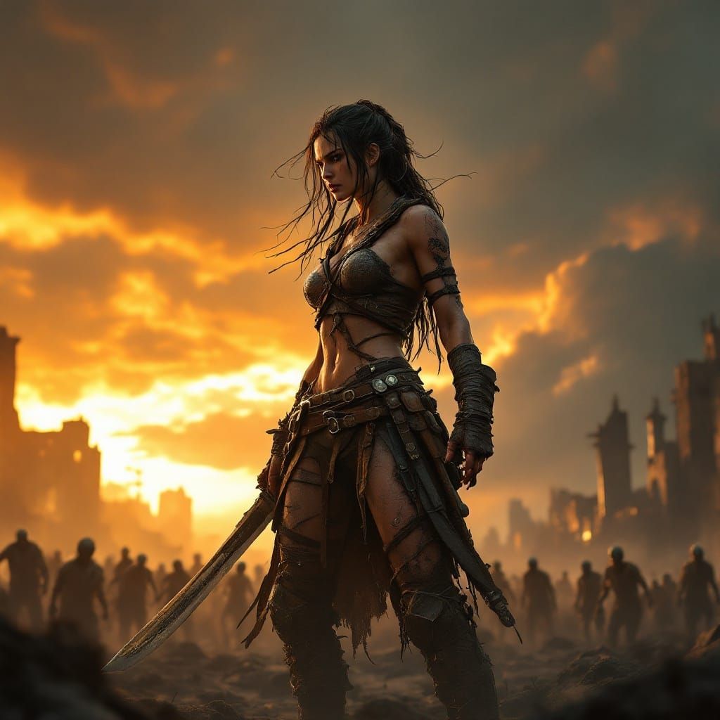 Epic Female Warrior Defies Undead Hordes in Apocalyptic Ruin...