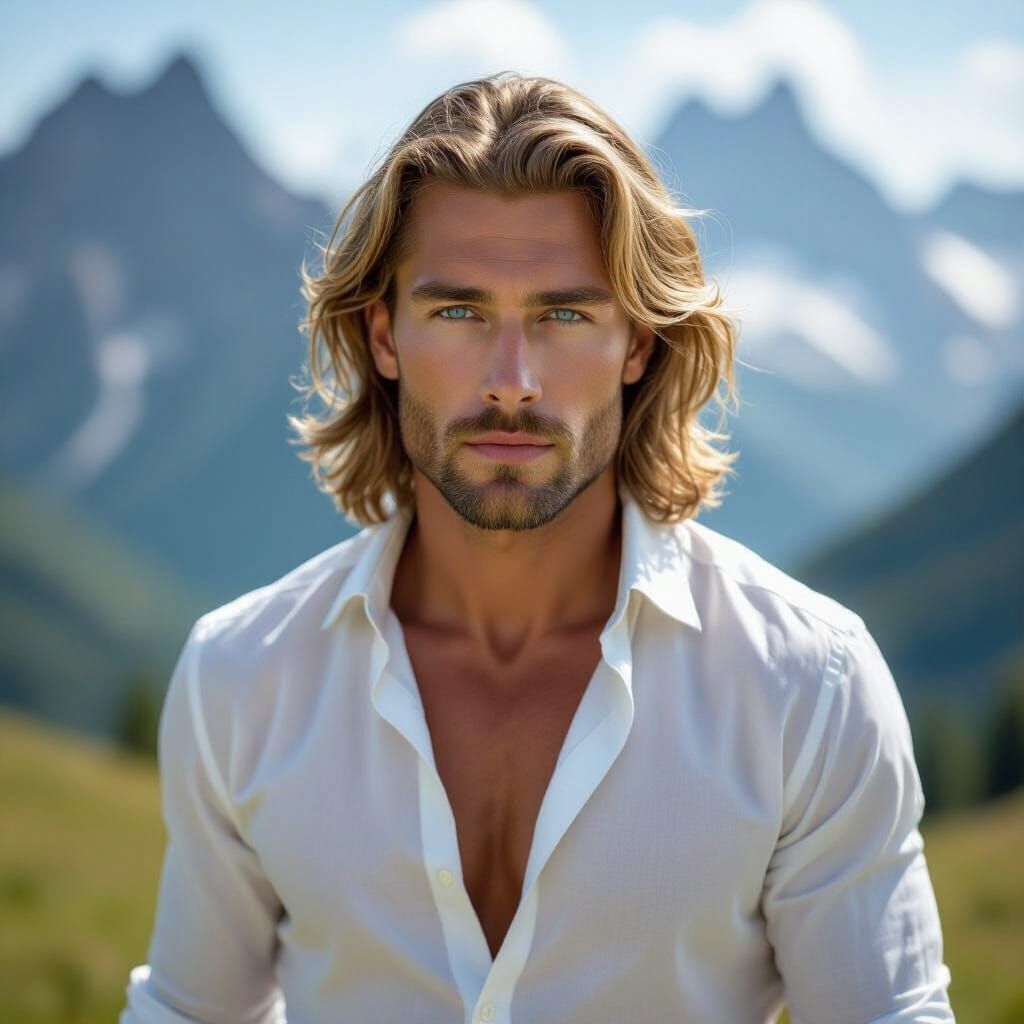 Photorealistic Man in Alpine Summer Landscape