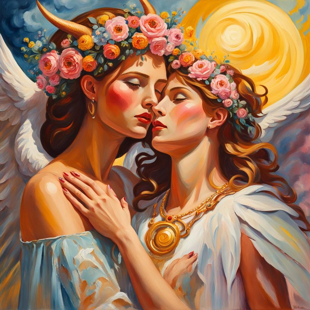 Angelic Embrace: A Gouache Maximalist Masterpiece