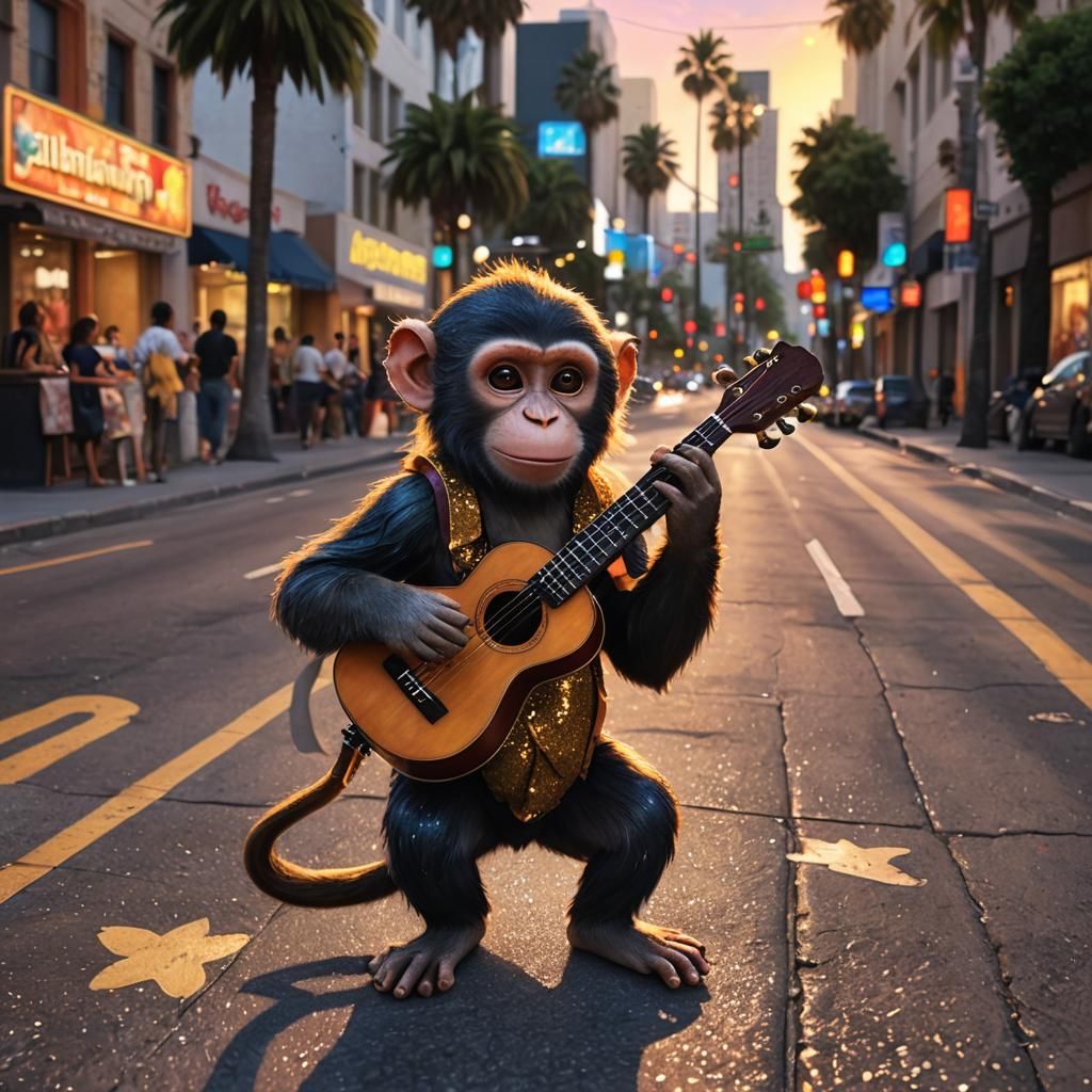 Cute Monkey Plays Ukulele on Hollywood Boulevard