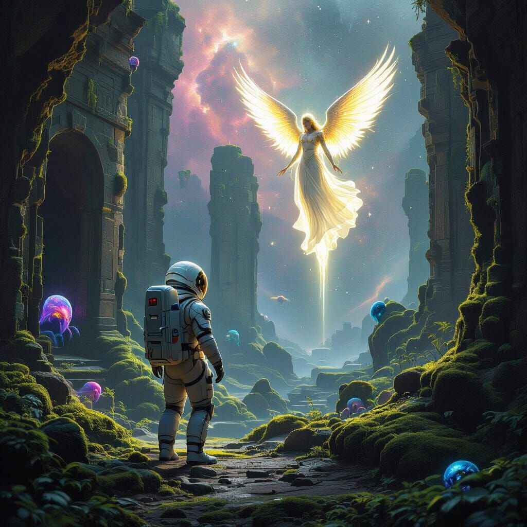 Astronaut Discovers Alien Ruins with Angel