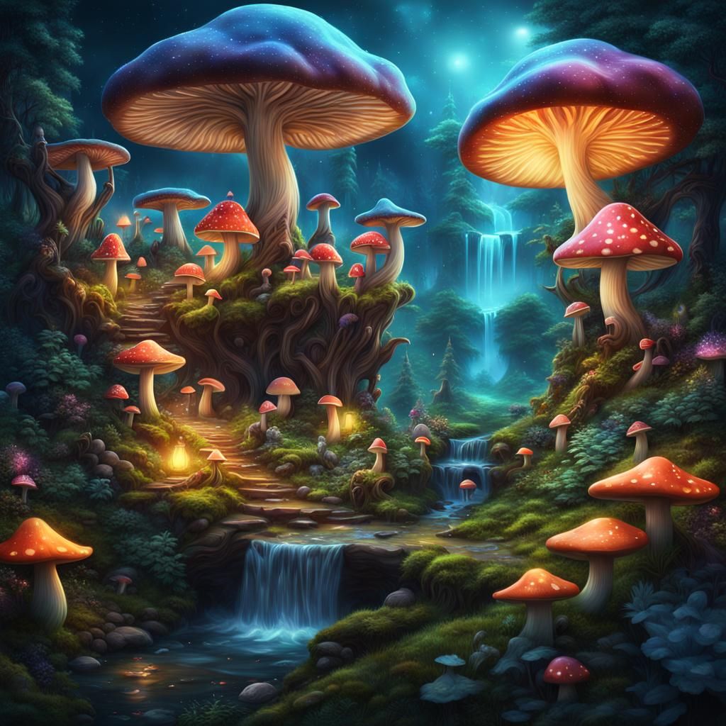 Magical Galaxy Mushroom Forest with Fairies and Gnomes