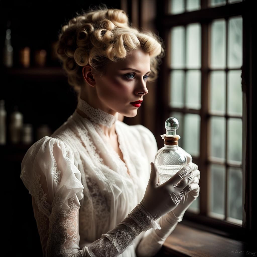 Edwardian Woman with Poison in Victorian Laboratory