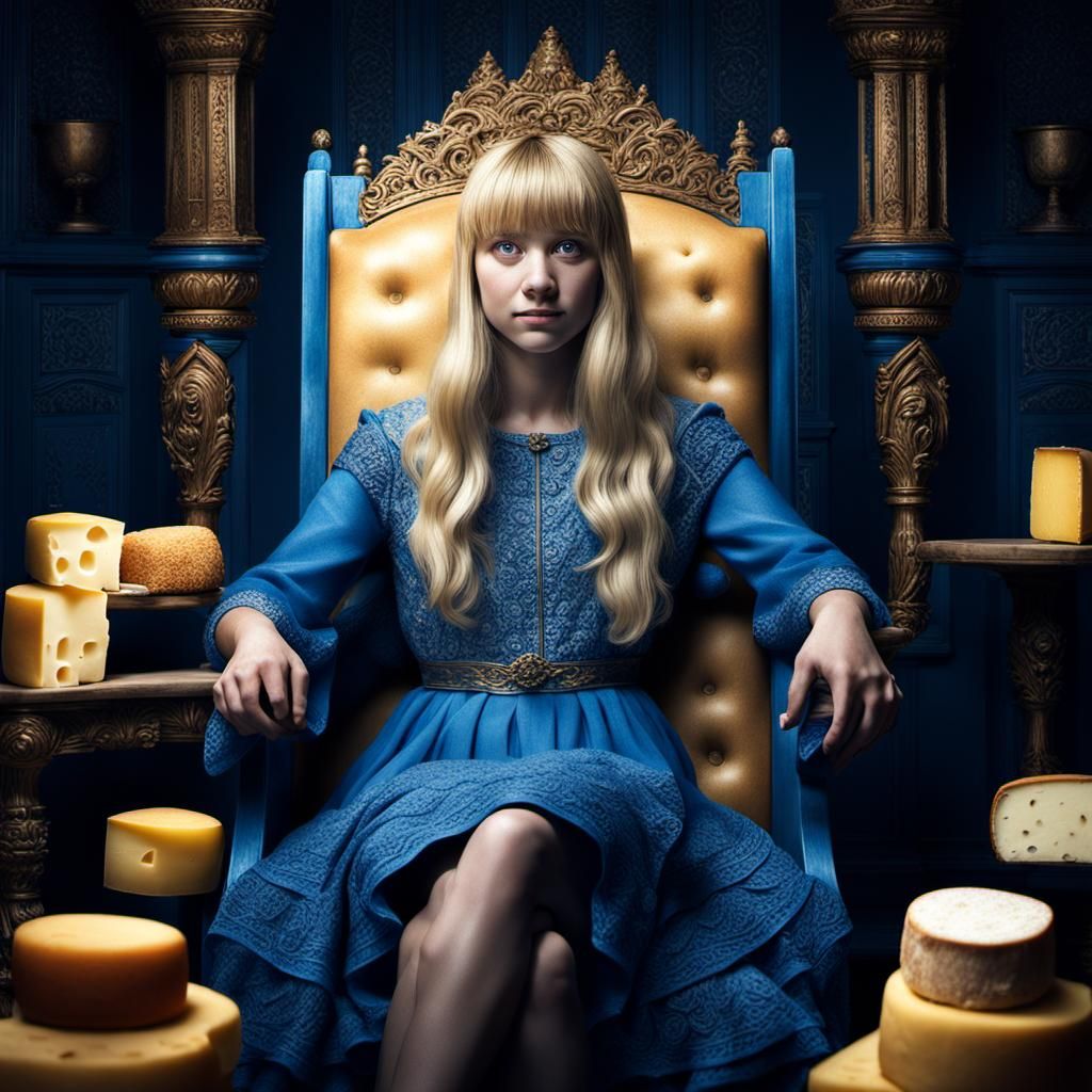 Woman on Cheese Throne: Hyperrealistic 64 Megapixel Image