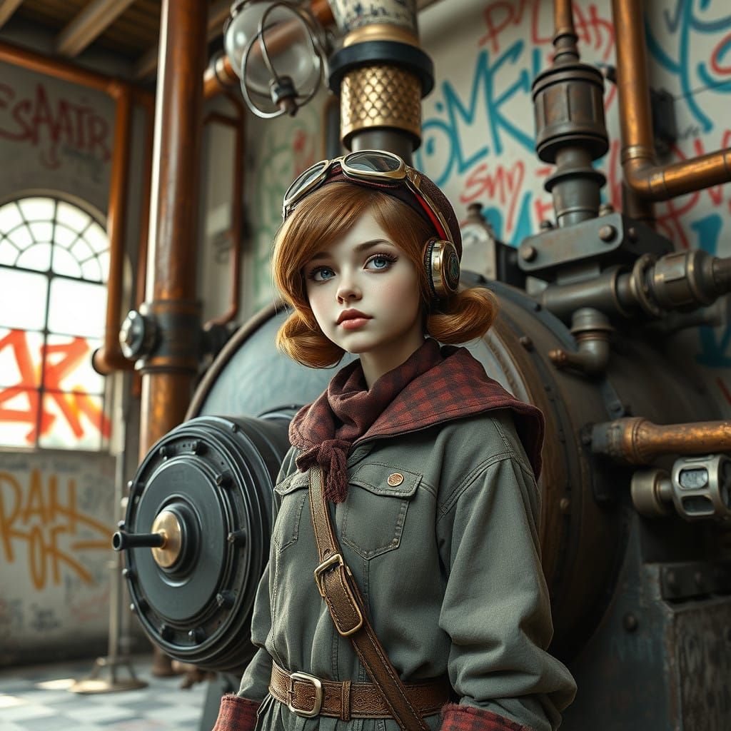 Cyberpunk Girl Poses in Front of Futuristic Industrial Machi...