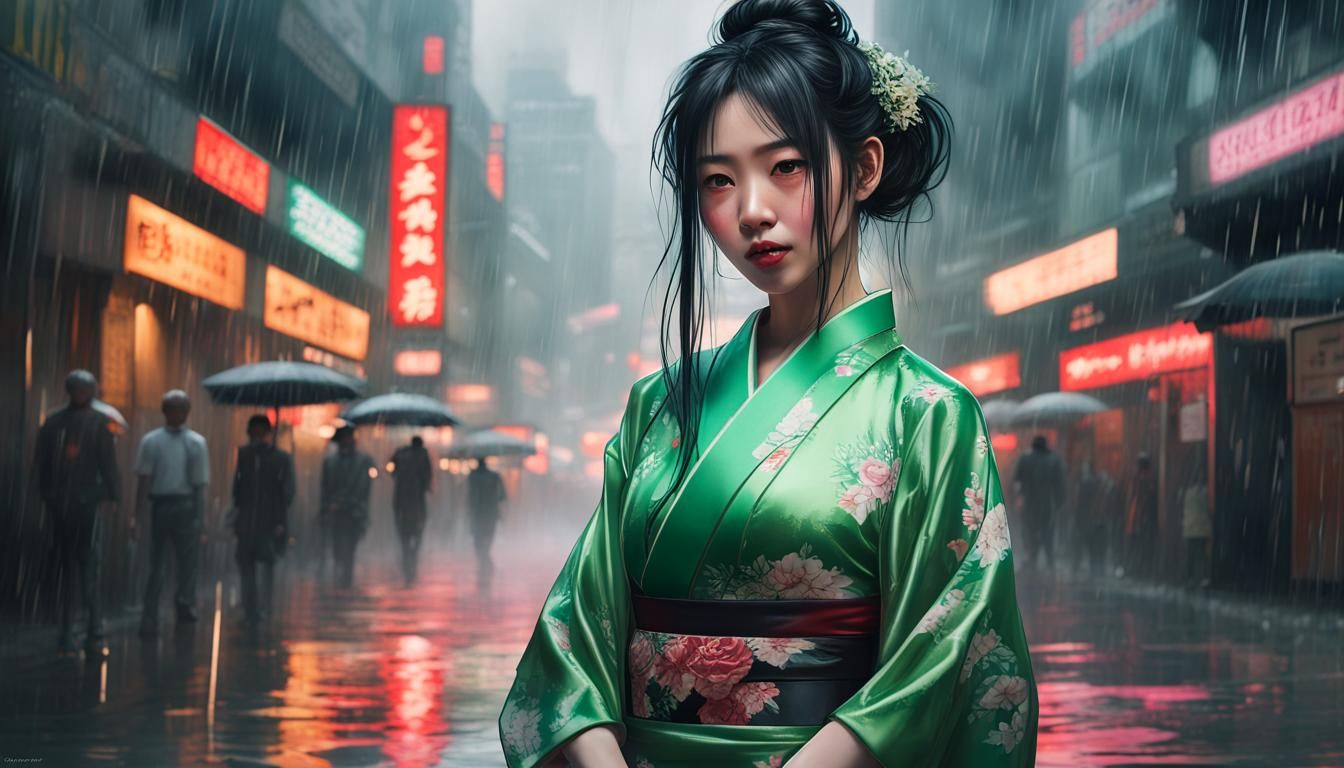 Japanese Girl in Rain, Hyperdetailed Digital Art