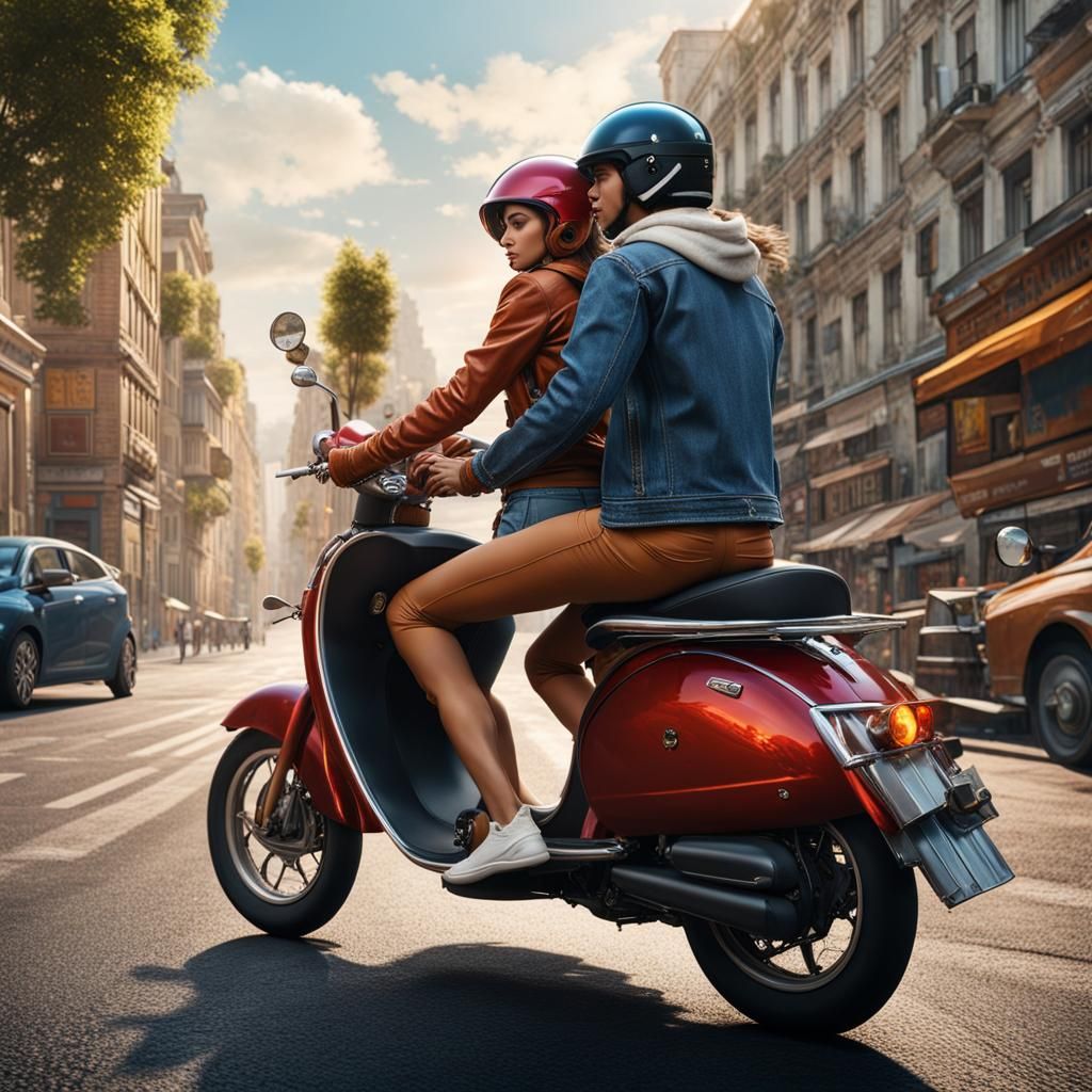 Young Couple on Moped Speeding Through City