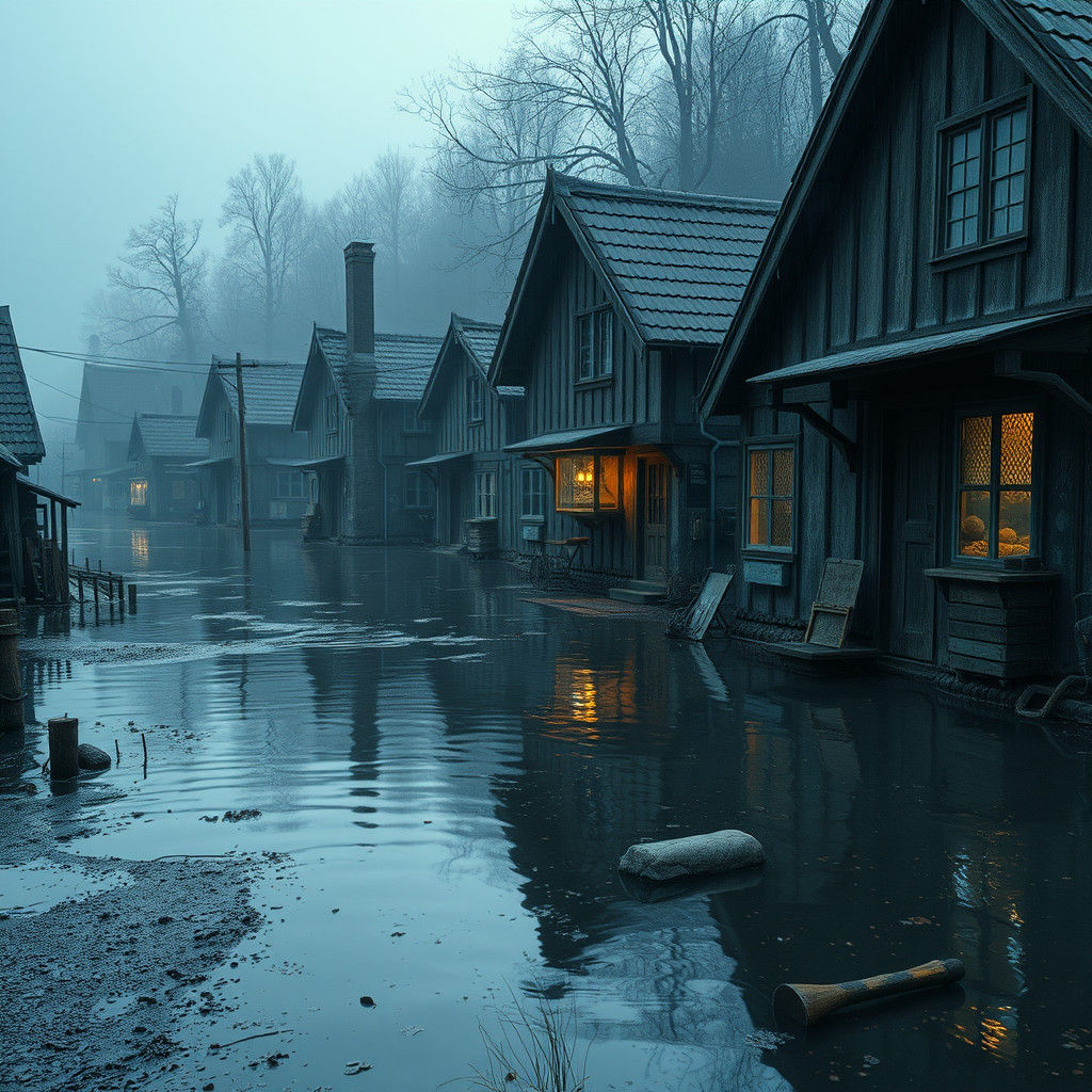 Hyperrealistic Flooded Village in Dystopian Style