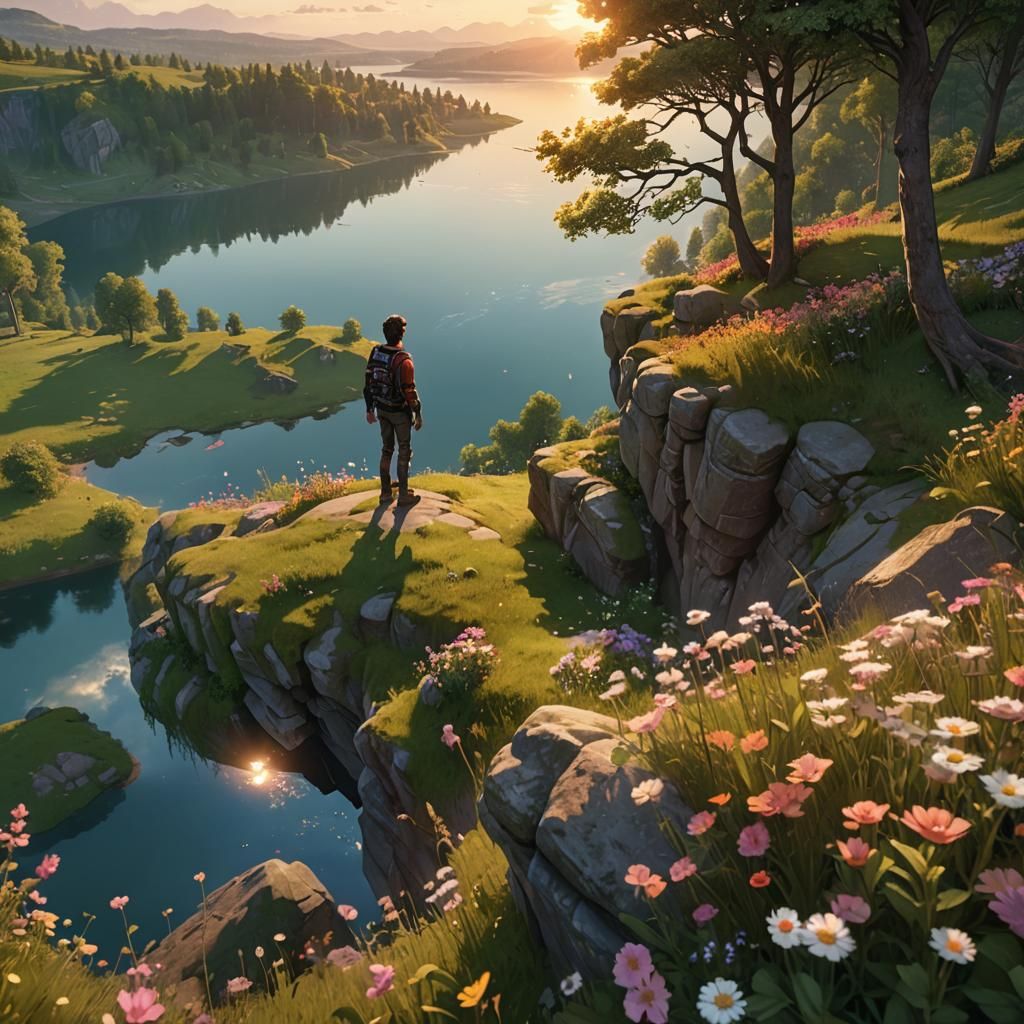 Serene Lakeside Meadow in 3D Game Art Style