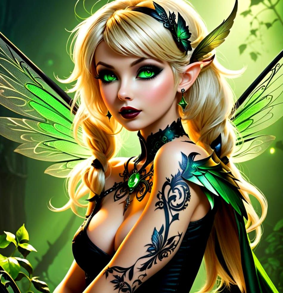 Gothic Tinkerbell with Runic Tattoos in Hyper-Realism