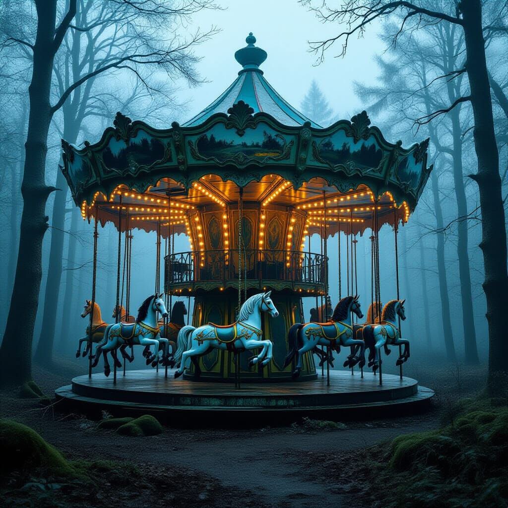 Abandoned Carousel in Misty Forest with Ethereal Light