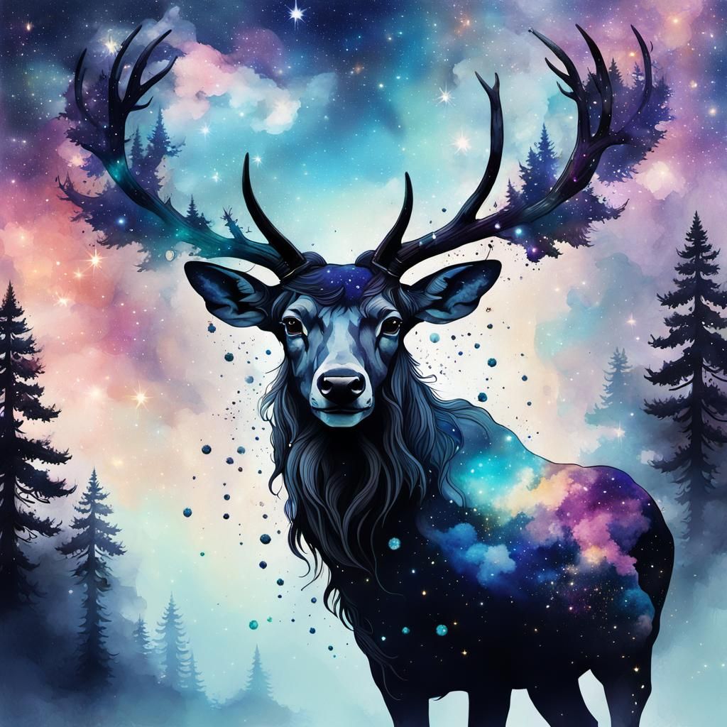 Cosmic Peryton Double Exposure in Surrealist Style