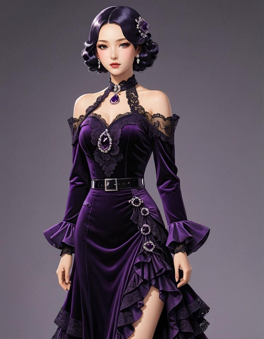 1930's Purple Velvet and Lace Dress, 3D Anime Art