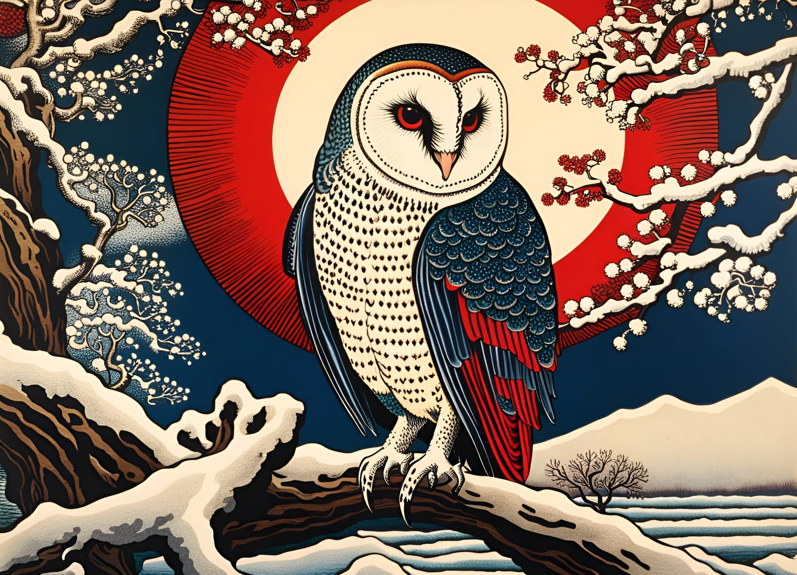 Elegant Barn Owl in Winter, Ukiyo-e Style