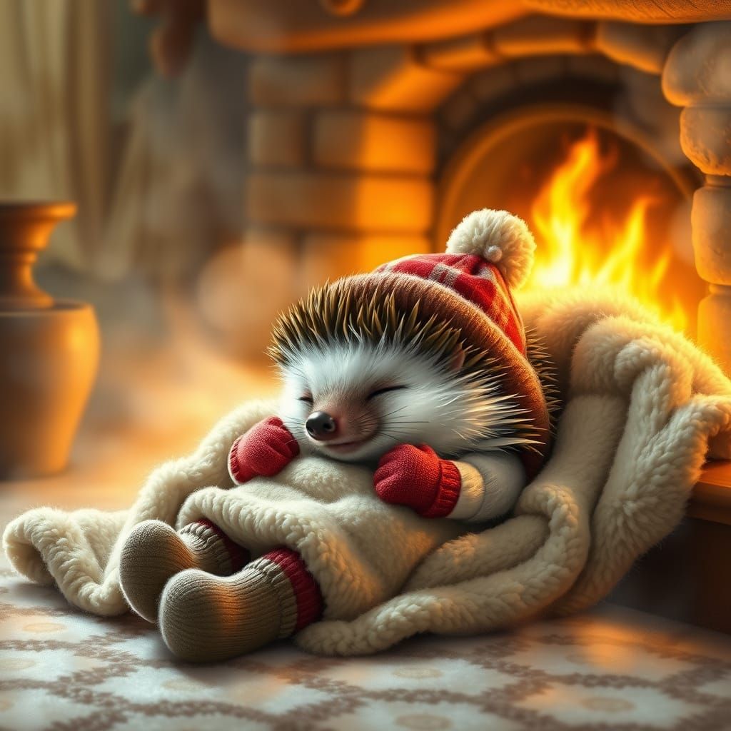 Cozy Hedgehog Dreams of Magic by the Fireplace