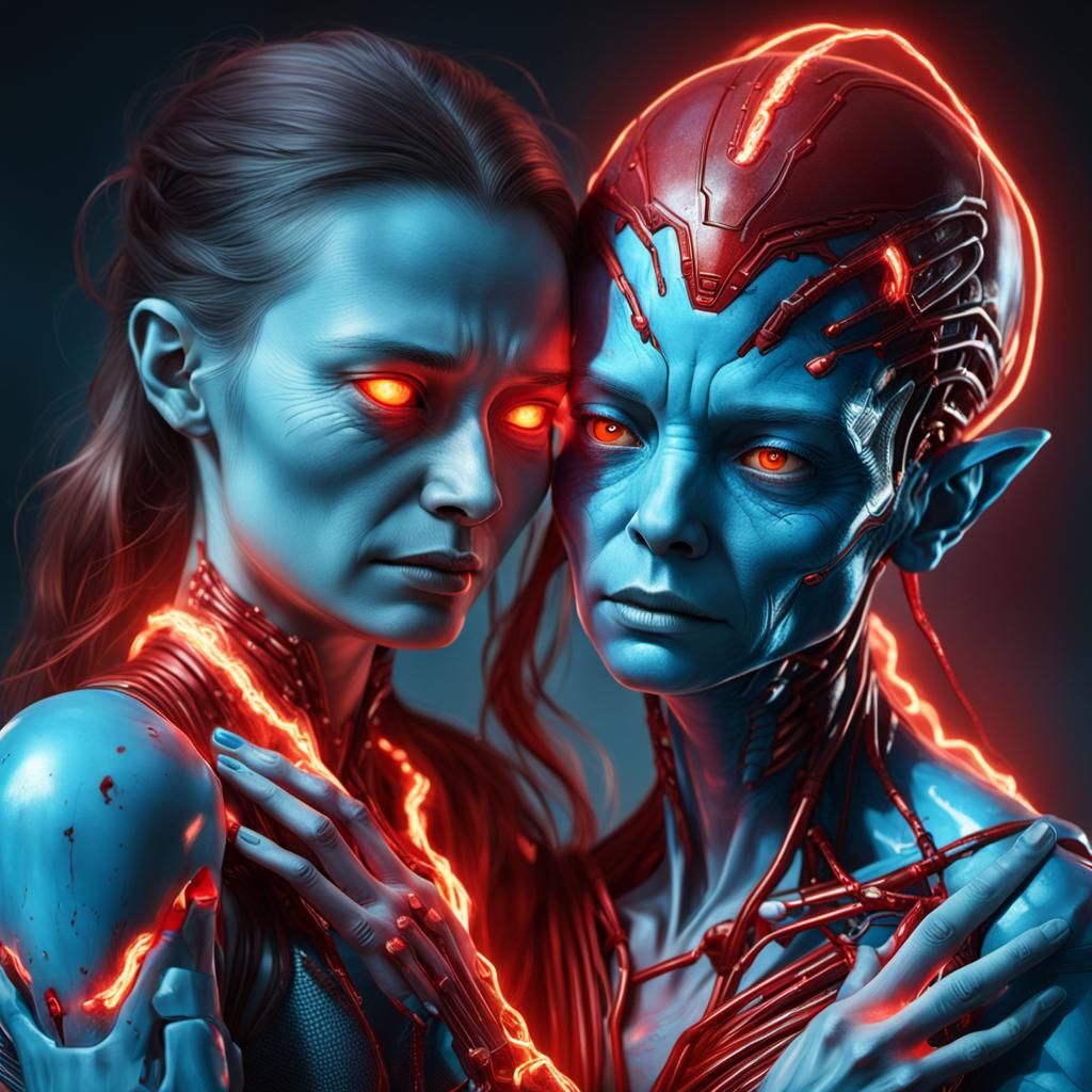 Alien Symbiosis: Red Energy Transfer, Hyperrealistic 8K