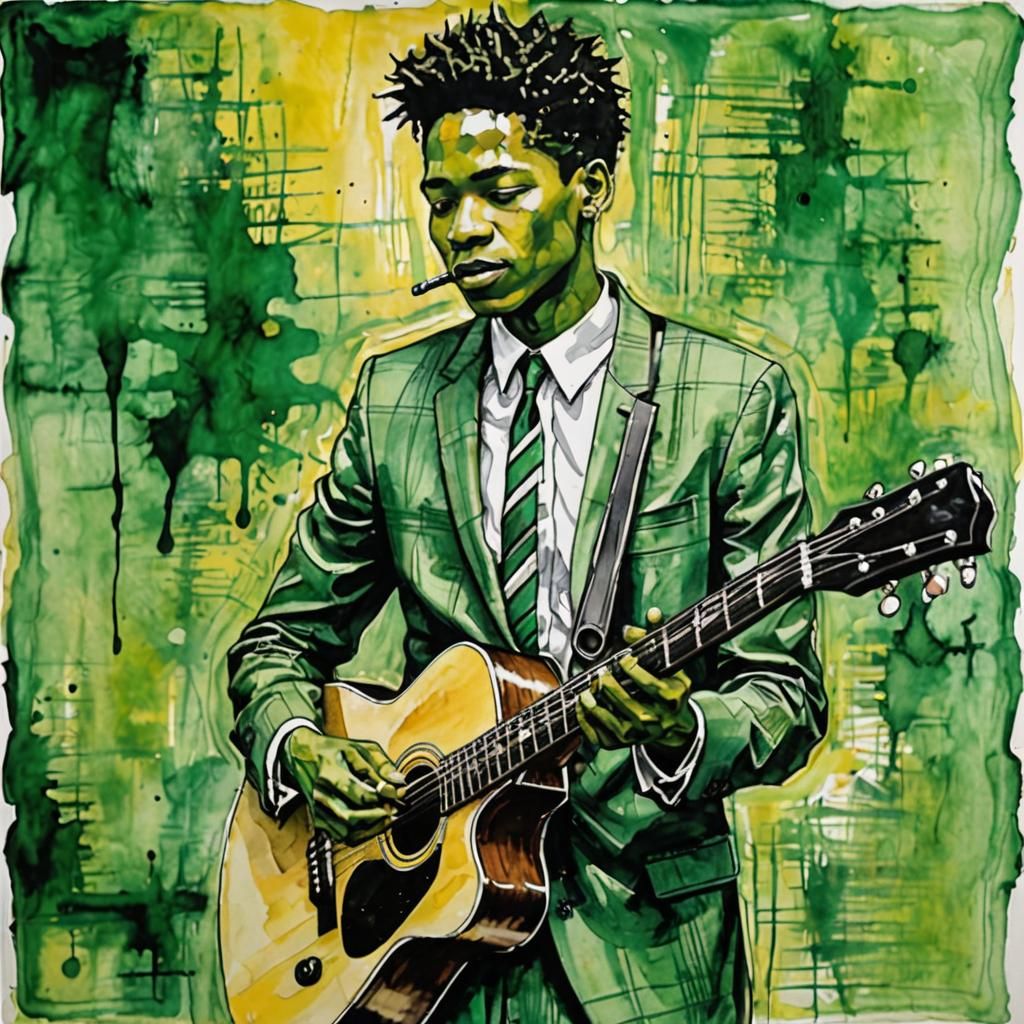 Young Man Playing Guitar in Mixed Media Art