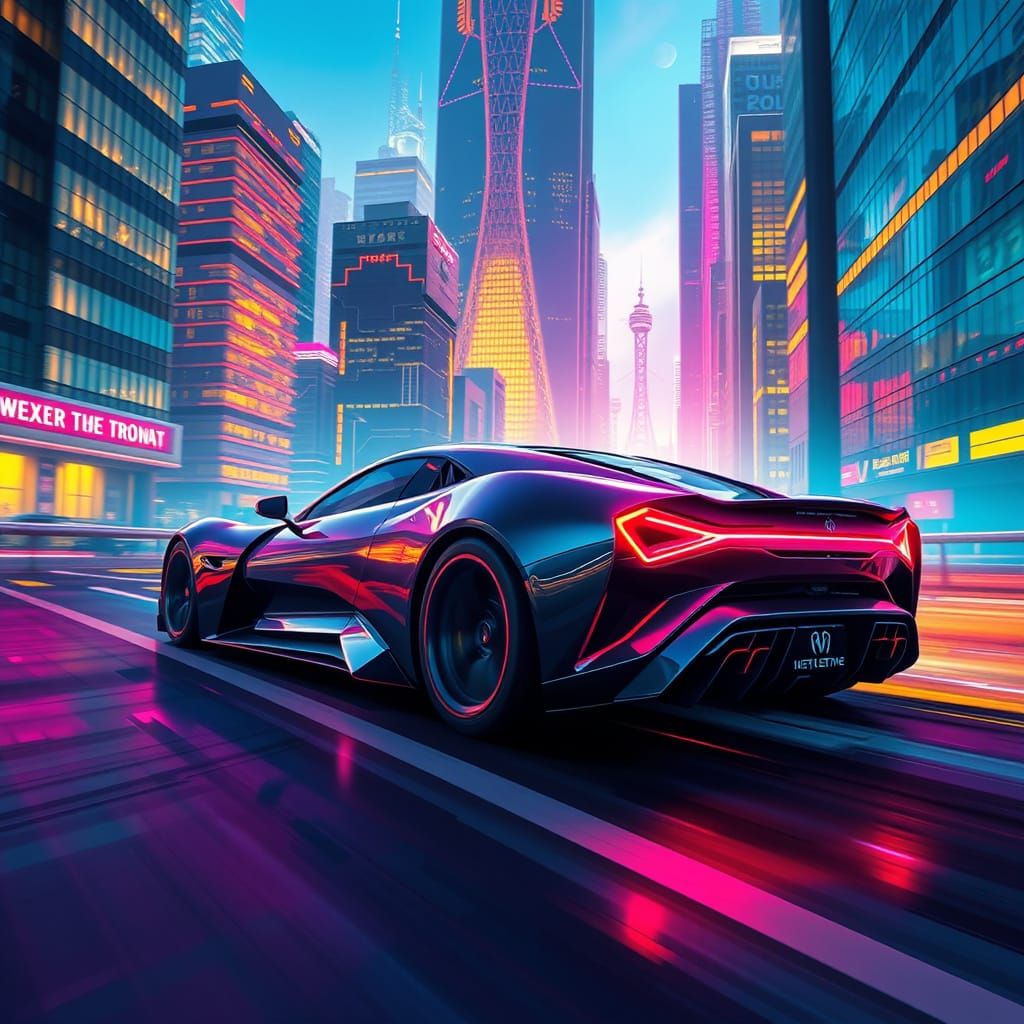 Futuristic Car on Neon Highway in Sci-Fi Style