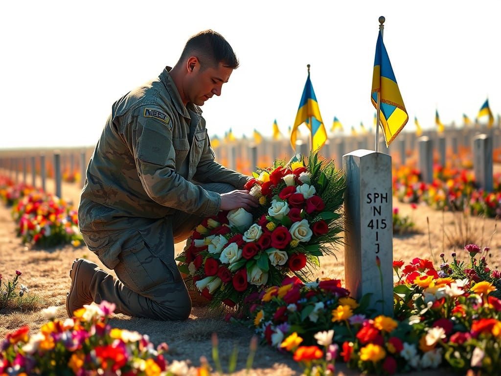 Soldier Honors Fallen Comrade Amidst Vibrant Flowers and Fla...