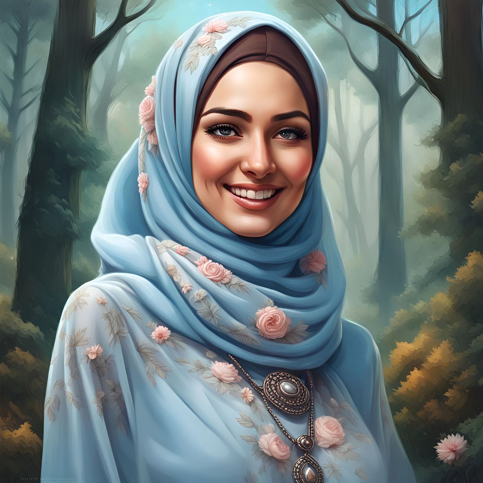 Beautiful Brunette Hijabi Girl Portrait in Lush Forest