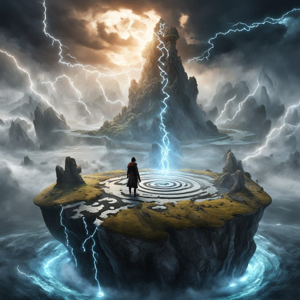 Epic Fantasy Concept Art of Traveler on Floating Island