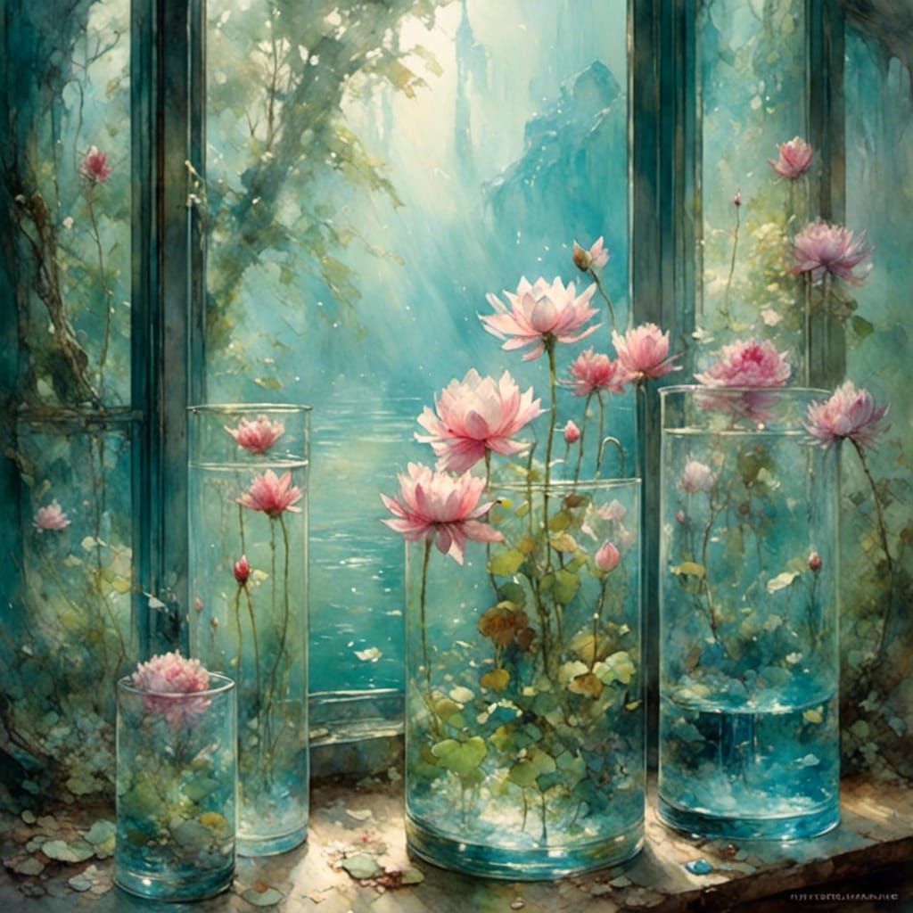 Fantasy Water Lilies in Test Tubes, Luminism Painting
