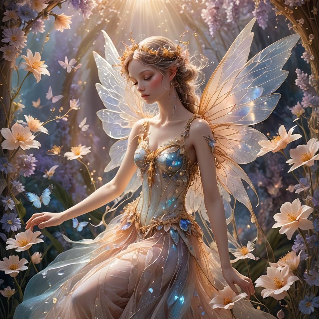 Ethereal Fairy with Golden Wings Amidst Delicate Flowers